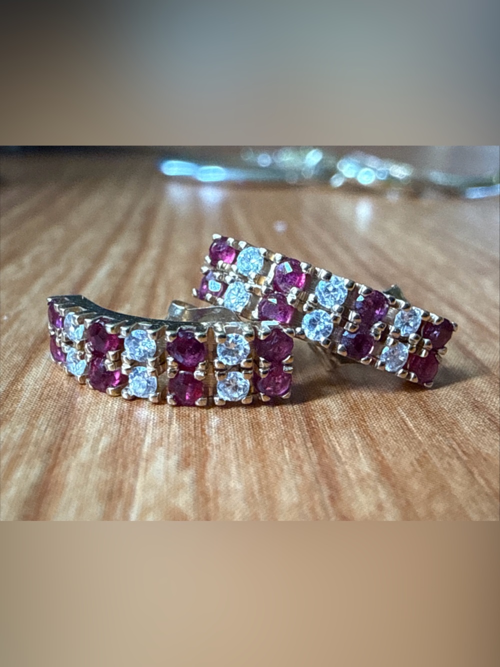 14k Gold Huggie stud Earrings with Ruby and Diamond Accent